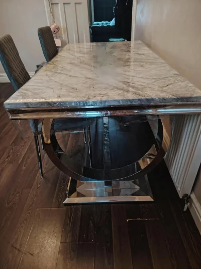 Contemporary Grey Marble-Style Dining Table with Chrome Ring Pedestal Base — image 3