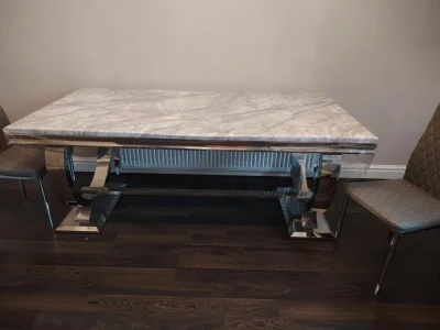 Contemporary Grey Marble-Style Dining Table with Chrome Ring Pedestal Base — image 2