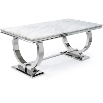 Contemporary Grey Marble-Style Dining Table with Chrome Ring Pedestal Base on Furnish Well
