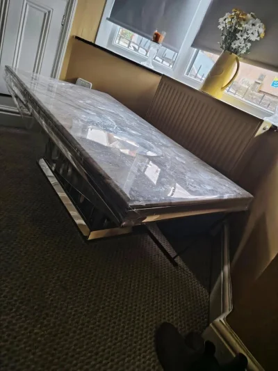 Contemporary Grey Marble-Style Coffee Table with Mirrored Pedestal Base — image 2