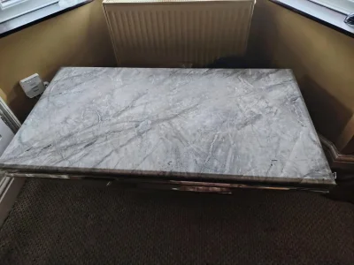 Contemporary Grey Marble-Style Coffee Table with Mirrored Pedestal Base — image 3