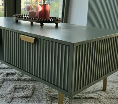 Sage Green Coffee Table with Drawer, Open Shelf and Gold Legs — image 6