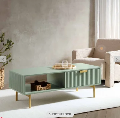 Sage Green Coffee Table with Drawer, Open Shelf and Gold Legs — image 4