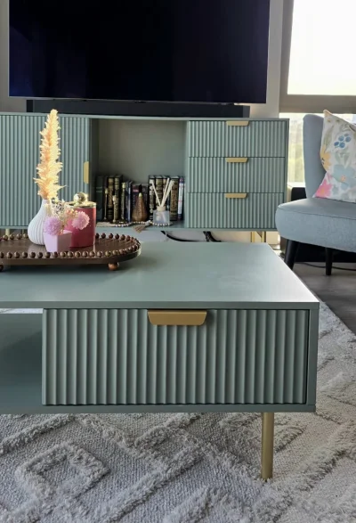 Sage Green Coffee Table with Drawer, Open Shelf and Gold Legs — image 8