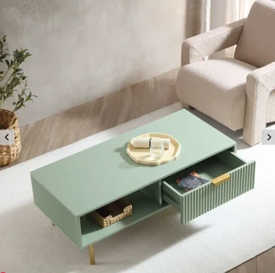 Sage Green Coffee Table with Drawer, Open Shelf and Gold Legs — image 3