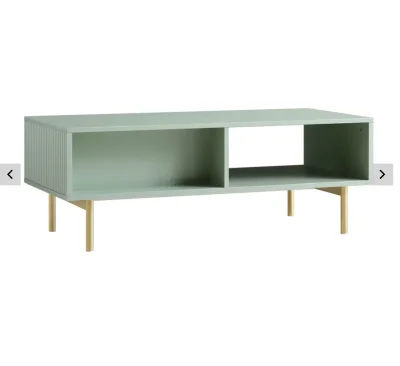 Sage Green Coffee Table with Drawer, Open Shelf and Gold Legs on Furnish Well
