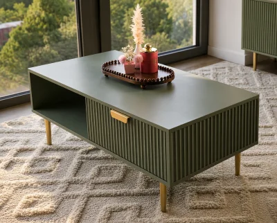 Sage Green Coffee Table with Drawer, Open Shelf and Gold Legs — image 5