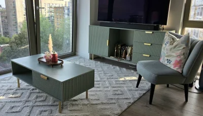 Sage Green Coffee Table with Drawer, Open Shelf and Gold Legs — image 7