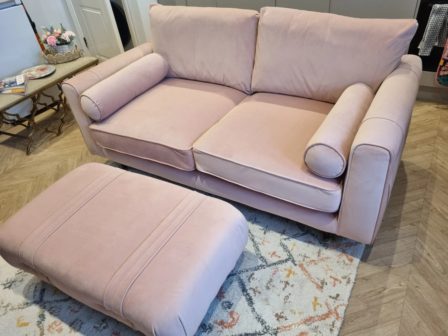 DFS 3-Seater Sofa Ted Baker Highgate sofa with Bolster Cushions & Piped Detailing with matching footstool