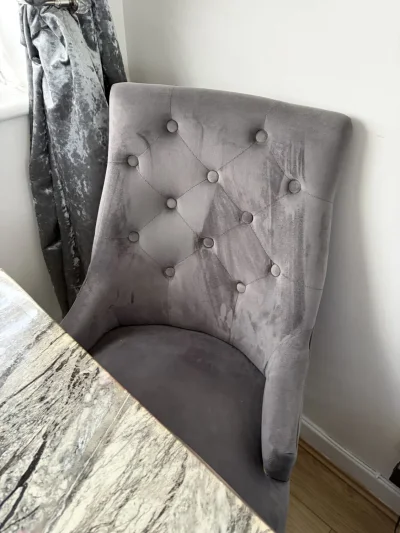 Grey Velvet-Feel Buttoned Dining Chair with Chrome Legs and Ring Pull — image 7