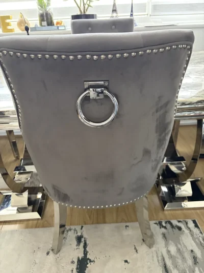 Grey Velvet-Feel Buttoned Dining Chair with Chrome Legs and Ring Pull — image 4