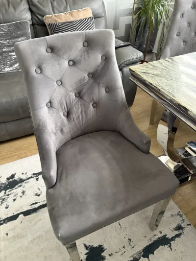 Grey Velvet-Feel Buttoned Dining Chair with Chrome Legs and Ring Pull — image 5