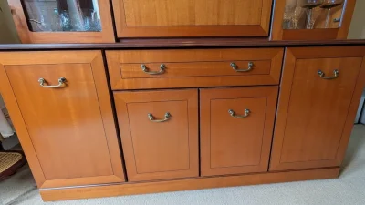 Vintage two-piece glazed display cabinet and sideboard in warm wood finish — image 2