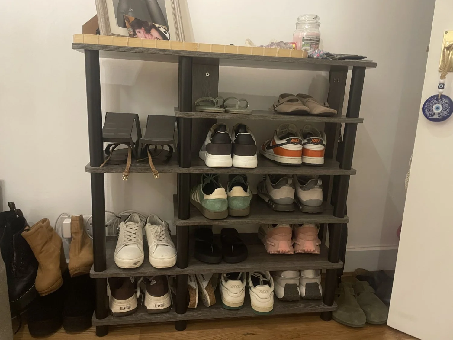 Dark Grey Wood-Effect Five-Tier Shoe Storage Rack with Top Shelf