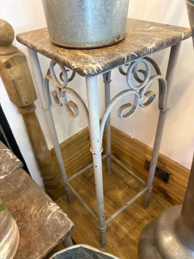 Vintage Grey Metal Plant Stand with Marble Top on Furnish Well