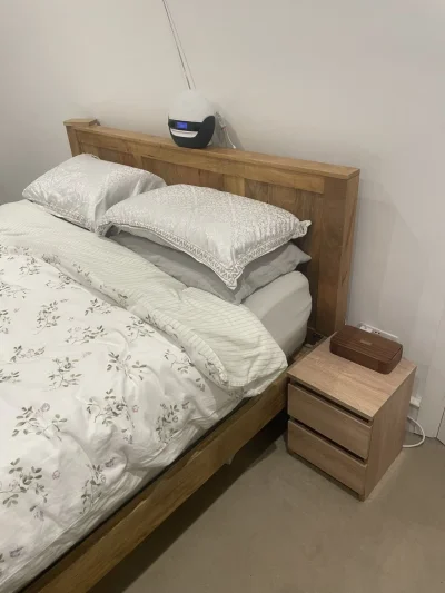 Warm Oak-Tone Wooden Double Bed Frame with Panelled Headboard — image 2