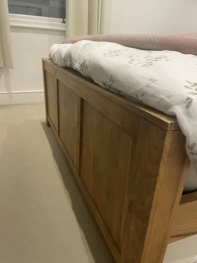 Warm Oak-Tone Wooden Double Bed Frame with Panelled Headboard — image 4