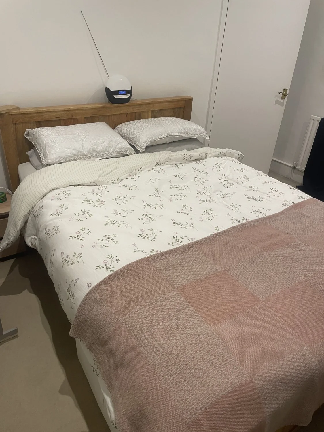 Warm Oak-Tone Wooden Double Bed Frame with Panelled Headboard