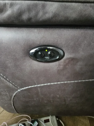Grey three-seat power reclining sofa with USB charging port — image 2