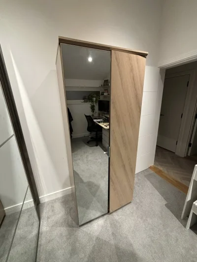 Contemporary two-door oak-effect wardrobe with full-length mirror