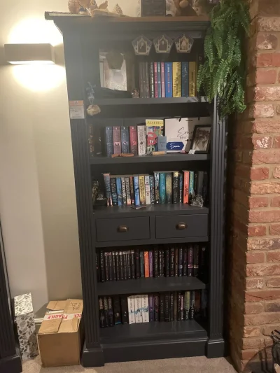 Matching dark painted bookcase, TV unit and side tables with brown oak tops — image 2
