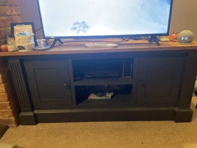 Matching dark painted bookcase, TV unit and side tables with brown oak tops — image 3
