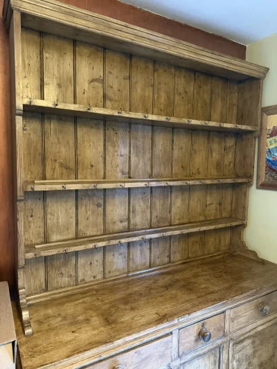 Vintage rustic pine dresser with plate rack, drawers and cupboard storage — image 2