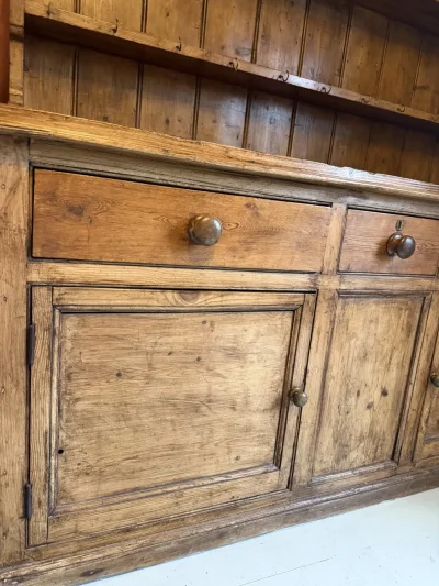 Vintage rustic pine dresser with plate rack, drawers and cupboard storage — image 3