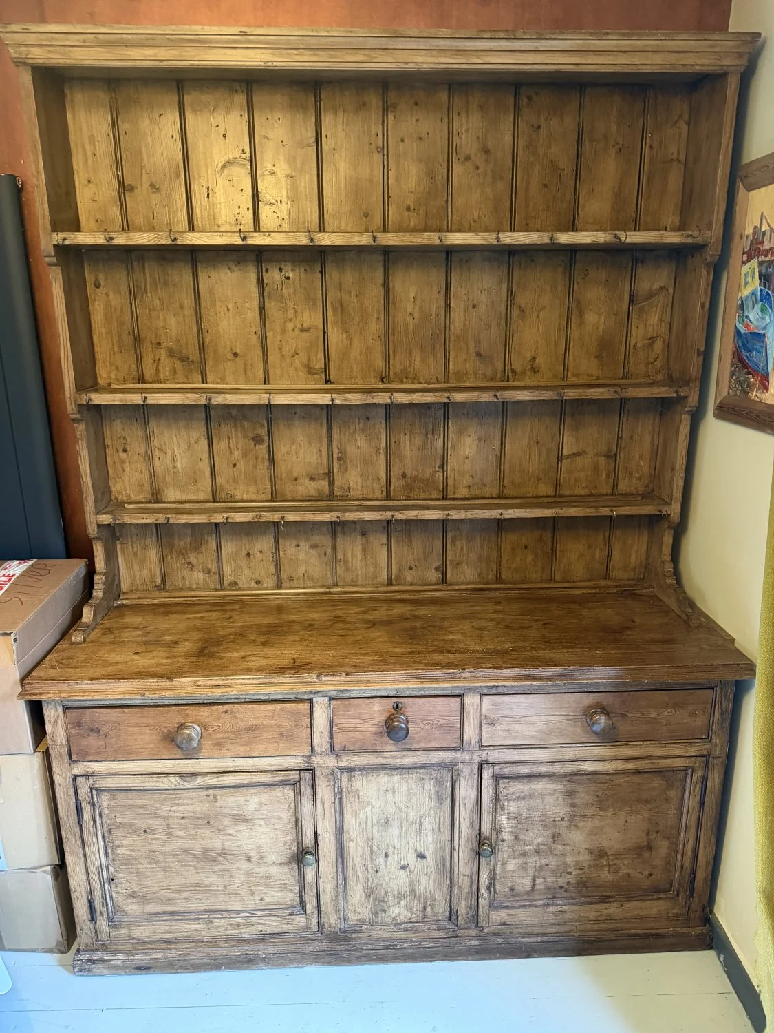 Vintage rustic pine dresser with plate rack, drawers and cupboard storage