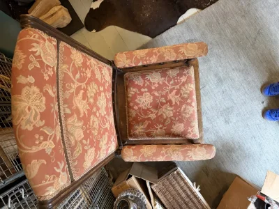 Vintage dark wood upholstered rocking armchair with floral fabric — image 8