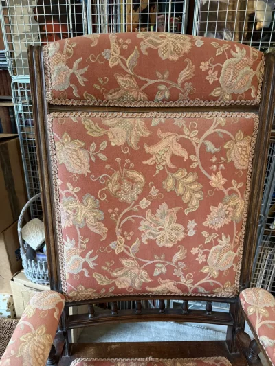 Vintage dark wood upholstered rocking armchair with floral fabric — image 3