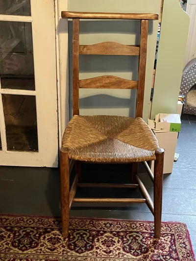 Vintage wooden church ladder-back dining chair with woven rush seat on Furnish Well