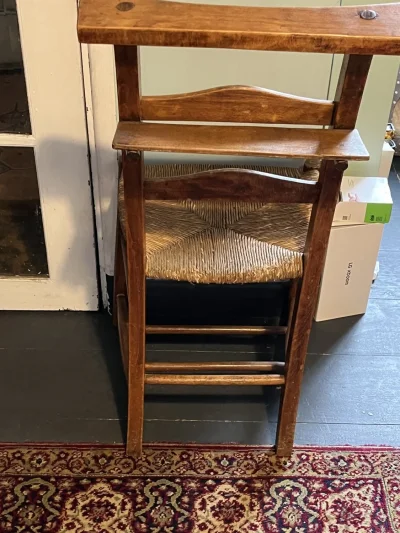 Vintage wooden church ladder-back dining chair with woven rush seat — image 2