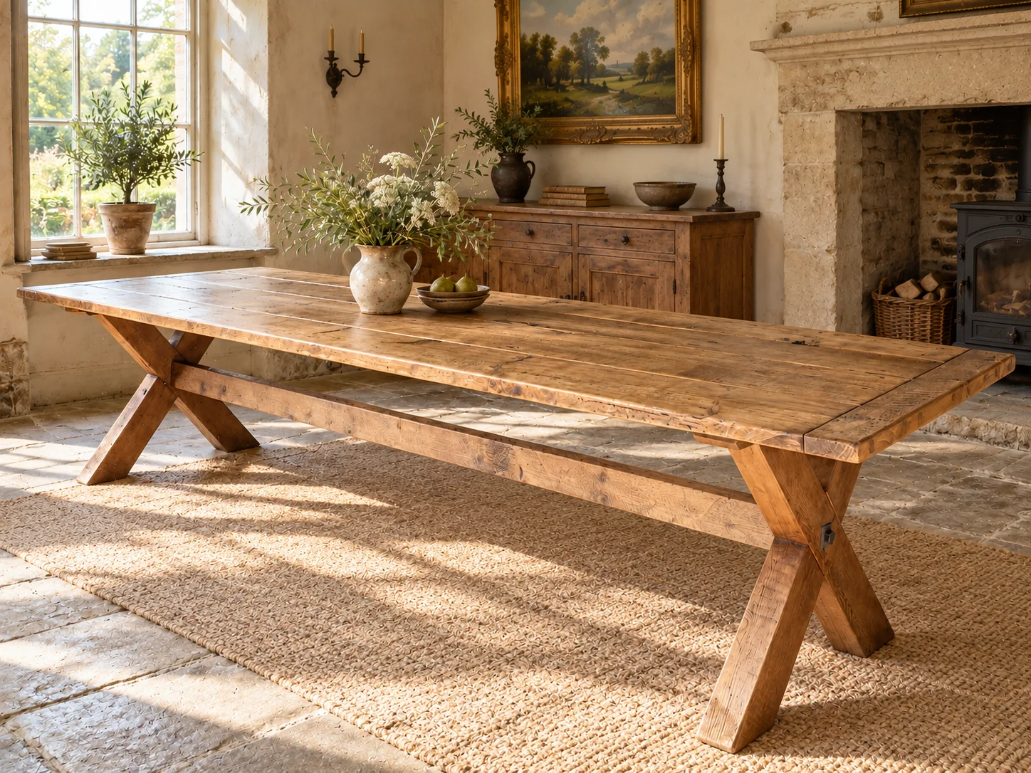 Handmade Rustic Farmhouse Dining Table, Solid Wood X Leg Trestle, Made to Order in Cheshire