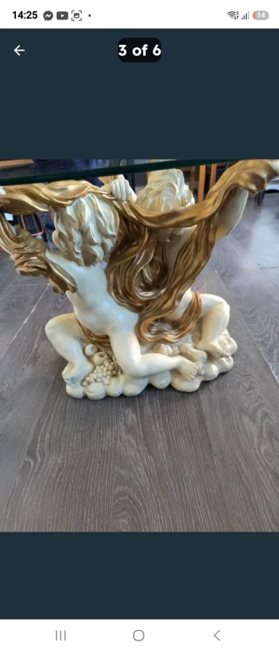 Vintage-style sculptural cherub centre table with round glass top — image 2